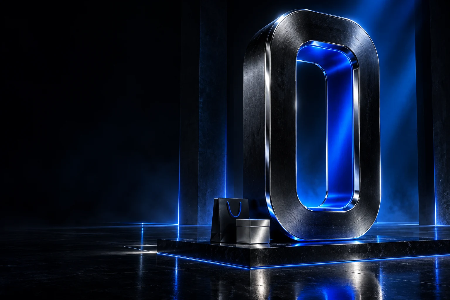 Eine monumentale Null aus gebürstetem Metall, mit neonblauem Licht inszeniert.