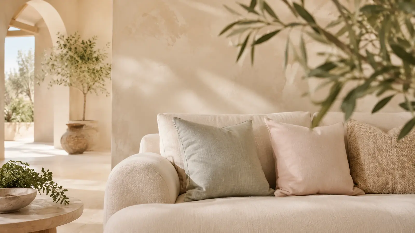 Mediterranes Wohnzimmer mit Leinensofa als Bildmotiv der ECO Clean Mallorca Website
