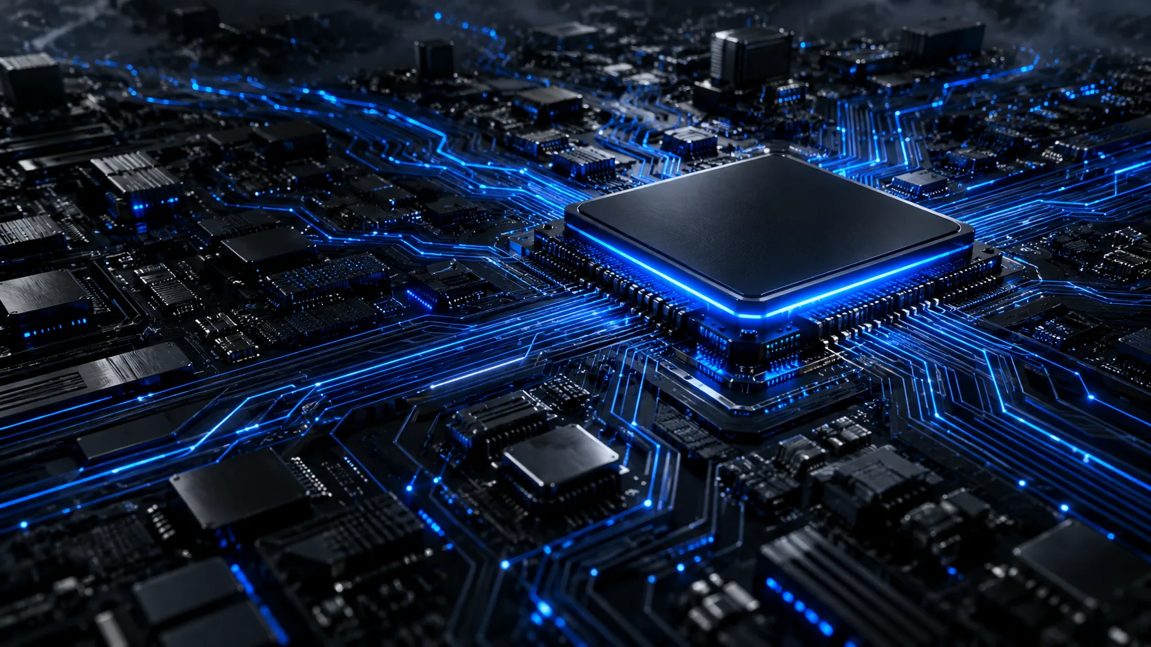 Abstrakte Prozessorarchitektur mit neonblauen Datenbahnen als Visualisierung vernetzter Systeme